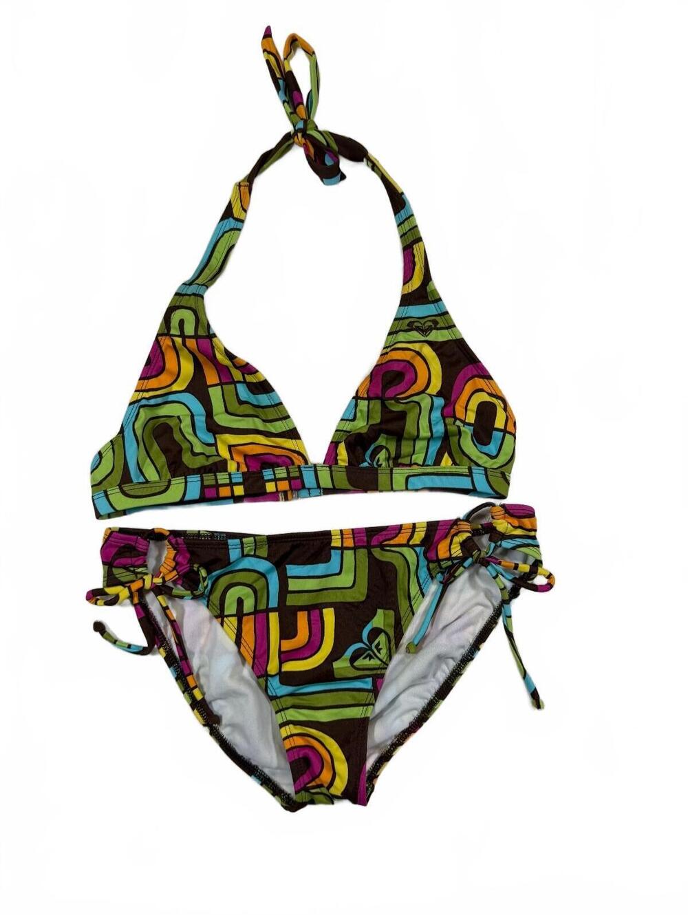 Y2K Roxy Brand 2-Piece Colorful Logo Print Bikini Measures Size M